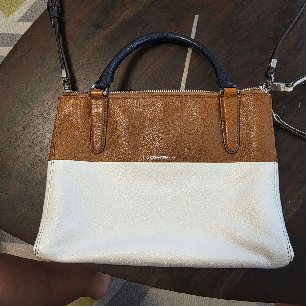 Coach Satchel Women Small Brown White Colorblock Pebbled Leather Crossbody Bag